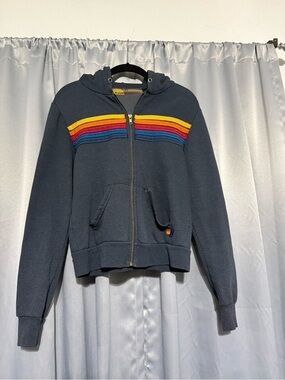 Aviator Nation Navy Zip Hoodie with Yellow, Red & Blue Stripes